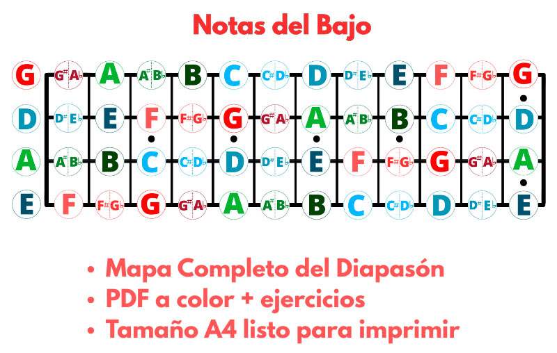 PDF a color con el mapa del diapasón del bajo